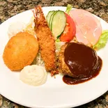 ハンバーグ・エビフライ・カニコロッケセットライス・サラダ付（ジャコー）