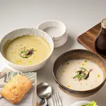 【人気セット】スープ2種+オリーブオイルパンセット(パン1つ)Two Soups with Olive oil Bread Set(RAW SOUP 学芸大学)