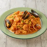 ⑦海老と貝柱、ムール貝のペスカトーレ（ゆであげ生パスタ もちの木パスタ 三鷹店）