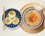 「上海風焼き小龍包」+「豚キムチチーズお粥」セット（3米3下北沢店-お粥と点心専門店）