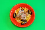 ペペロンチーノ【大盛り】ムール貝＆シラストッピング（ペペロンチーノ専門店 ぺろん 森ノ宮店）
