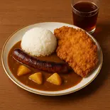 自家製カレーライス+黒豚ソーセージ+台湾大ジーパイ+酸梅湯（おーるうぇいず北千住）