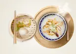 お粥セット - 「 鶏肉と椎茸お粥」、点心2種（3米3下北沢店-お粥と点心専門店）