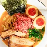 エビ鶏白湯ラーメン味玉付き Shrimp ＆ White Chicken Broth Ramen with Marinated Egg（麺匠 鶏吟 保谷店）