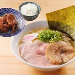 魚介薫る 貝ダシ汐そば + まぶし唐揚げ2個と銀しゃりのセット（中華そば無作）