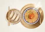 「豚の蒸し餃子」+「豚キムチチーズお粥」セット（3米3下北沢店-お粥と点心専門店）