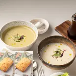 【人気セット】スープ2種+オリーブオイルパン2つセット Two Soups with Double olive oil Bread Set(RAW SOUP 学芸大学)