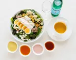 鶏むね肉と雑穀とゆで卵のアスリートサラダ+季節のポタージュとスパークリングウォーター（【シェフ厳選の地場野菜】野菜レストランさいとう）