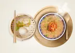 お粥セット - 「豚キムチチーズお粥」、点心2種（3米3下北沢店-お粥と点心専門店）
