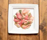 【dish】旬魚と根菜のカルパッチョ Seasonal fish and root vegetable carpaccio（ヘルシー野菜とヴィーガンDELIのお弁当【aux DELI】）