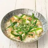 【スタミナ】にら+鶏雑炊【stamina】Chinese chives +Japanese rice ＆ chicken porridge（ぞうすいマニア〜鶏キング〜博多店Zosui Mania Chicken King）