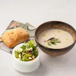 【ヘルシーライトセット】スープ+オリーブオイルパン+ミニサラダ Soup, Olive oil Bread & Mini Salad Set(RAW SOUP 学芸大学)