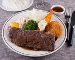 Fセット(牛ステーキ、エビフライ1本、メンチカツ)（洋食 古河）