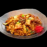 豚キムチソース焼そば 麺大盛、2麺使用 具材も大盛（麺ダブルが無料 →大盛太麺ソース焼きそば 太陽の手）