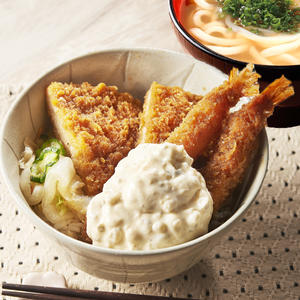 たるたるたっぷり、海老フライ(2本)とタレカツ丼と選べるミニ讃岐うどんセット(タル1)