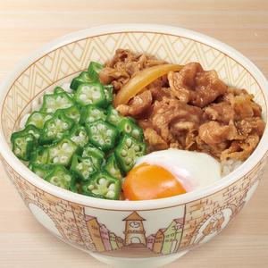 すき家人気No.5 牛まぜのっけ朝弁　Stir & Top Rice Bowl w/ Beef, Soft-Boiled Egg and Okura