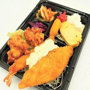 Aおかず(鶏の唐揚げ+エビフライ+白身魚)