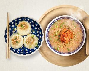 「上海風焼き小龍包」+「豚キムチチーズお粥」セット