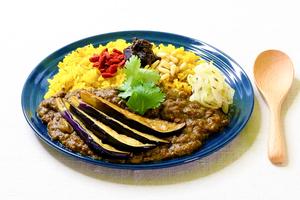 揚げ茄子入り薬膳キーマカレー Fried Eggplants on Medicinal Keema Curry