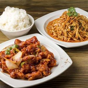 セット5 干烹(四川風から揚げ炒め)+拌干豆腐(干し豆腐の和え物)+米飯(ライス)