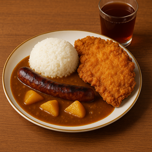 自家製カレーライス+黒豚ソーセージ+台湾大ジーパイ+酸梅湯