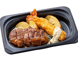 (おかず)ラウンドステーキ約120g＆プリプリ大エビフライ