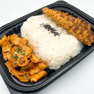 【デカ盛】ポークチャップ豚カルビ＆熟成ロースカツプレート※即席袋みそ汁付