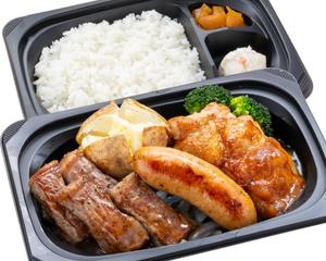 プライムサーロインカットステーキ約100g＆ジャンボフランク＆炭焼き風チキングリル弁当