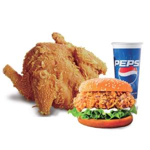 まるごとー羽のフライドチキン、クリスピーチキンバーガー、お好みのドリンク(M)  招牌炸整+田脆堡+品