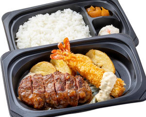 ラウンドステーキ約120g＆プリプリ大エビフライ弁当