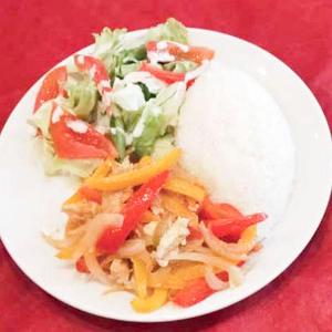 Stir Crocodile meat with rice and salad(クロコダイルとライスとサラダ)