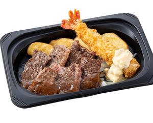 (おかず)やわらかカットステーキ約120g＆プリプリ大エビフライ