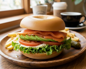 スモークサーモンと濃厚クリームチーズのベーグルサンド Smoked salmon and rich cream cheese bagel sandwich