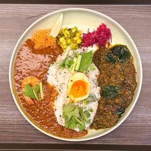 2種のスパイスカレー 完熟トマトのガーリックシュリンプ×ラムとほうれん草のキーマ