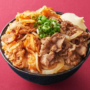 旨辛豚キムチとしょうが焼きの相盛り丼(120g+120g+ごはん500g)