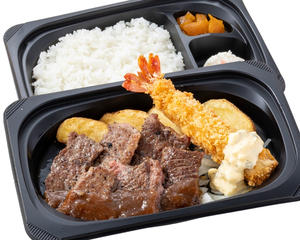 やわらかカットステーキ約120g＆プリプリ大エビフライ弁当