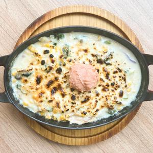 たらこと色々キノコ、コーンの焼きチーズクリームリゾット