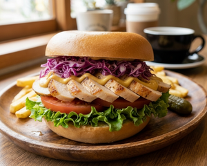 しっとり鶏むね肉のハニーマスタードベーグルサンド Honey mustard bagel sandwich with moist chicken breast