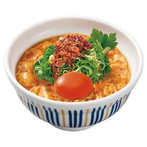 なか卯 とろたまねぎラー親子丼 Oyakodon Chili Oil w/Chopped Spices &Raw Egg add green leek