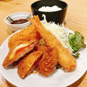 ミックスフライ定食(海老フライ1・カキフライ2・ハムエッグカツ1・カニコロ1)【カツソース・タルタル】