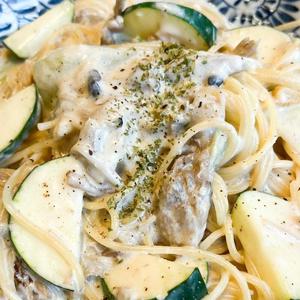 味噌豆腐ゴマクリームスパゲッティ ほうれん草、木の子