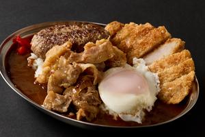 漢の5種デカ盛りカレー(ロースカツ＆唐揚げ2個＆目玉焼き＆ハンバーグ＆スタミナ焼き) MEGA Curry