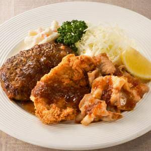 Aセット(ハンバーグ、一口ひれかつ、焼肉)