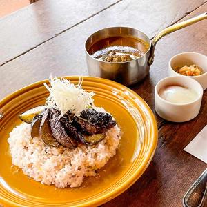 粗挽き肉と揚げ茄子のカレー 温泉玉子添え