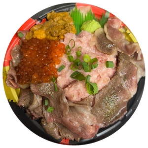 ねぎとろウニいくら乗せ・特上炙り和牛寿司丼