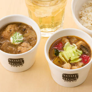 8種の野菜と鶏肉のサラダスープと鶏と玉葱の煮込みスープ バルサミコ風味のセット
