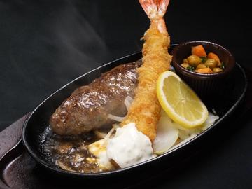 100%Beef手ごねハンバーグ＆特大エビフライ ライス付