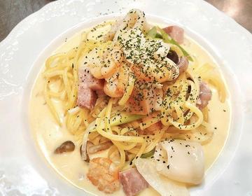 シーフードとブロックベーコンの生パスタ