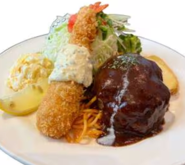 ハンバーグと特大エビフライプレート
