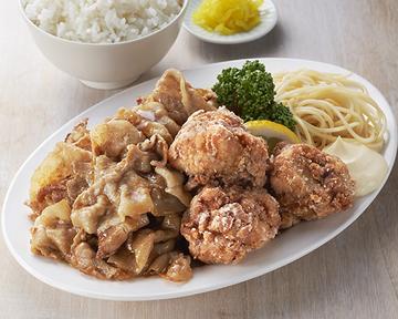 生姜焼き300グラム定食唐揚げ3個セット Pork ＆ Ginger Stir-Fry (300g) Set Meal + Fried Chicken